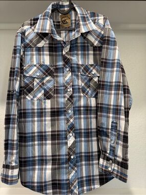 Coevals Club Men’s Blue Plaid Long-Sleeve Western Shirt, medium